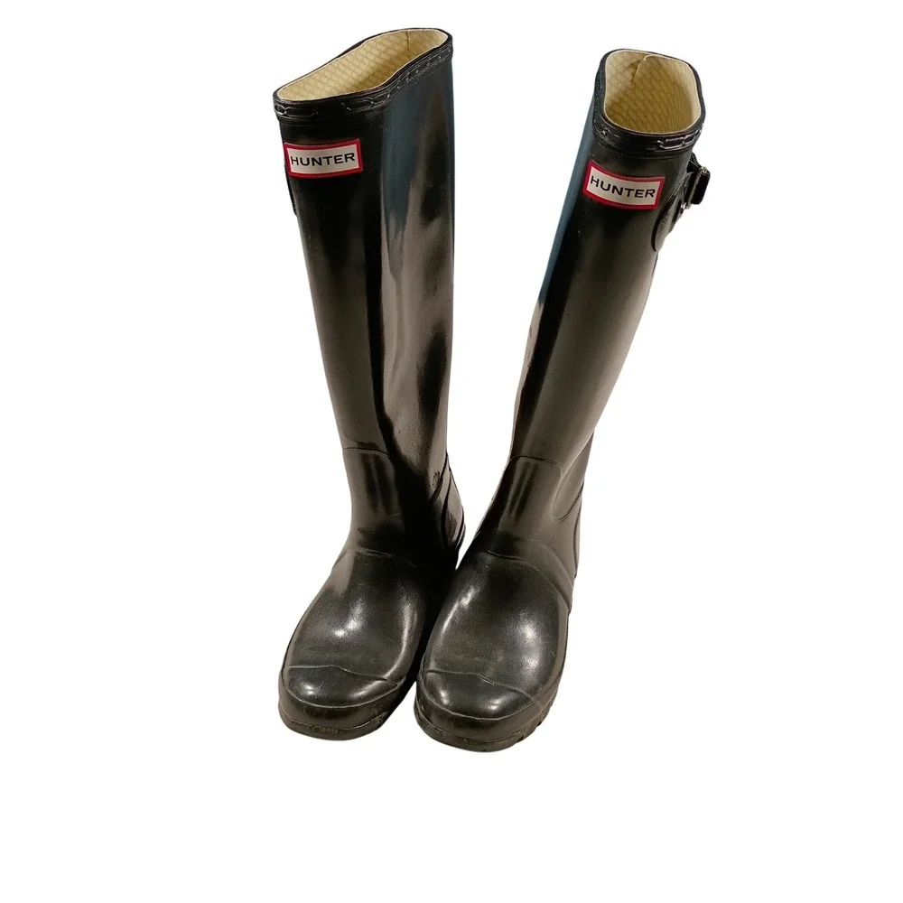 Hunter Original Tall Rain Boots Women Size 8 Black Glossy Waterproof Buckle
